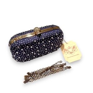 HANDBAG REPUBLIC rhinestone skull clasp evening clutch navy